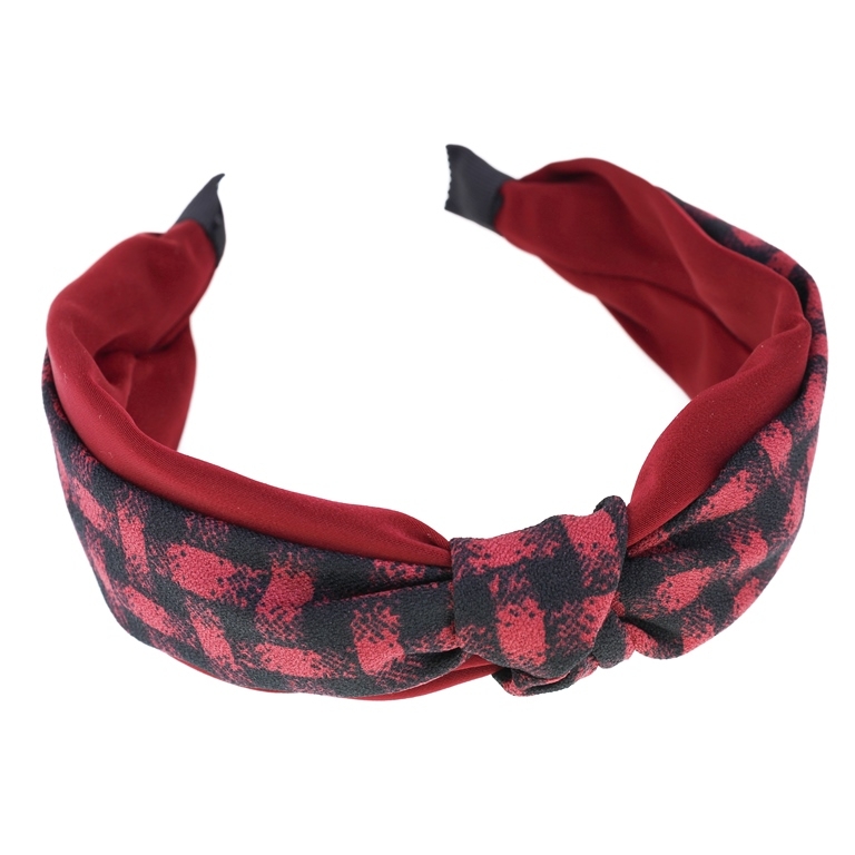 JEWELRY - ACCESSORY FOR HAIR - TIARA TEXTILE WITH KNOT D025 - COUNTRY CHECK PATTERN 02 - RED (DARK) AND BLACK - 1pc.