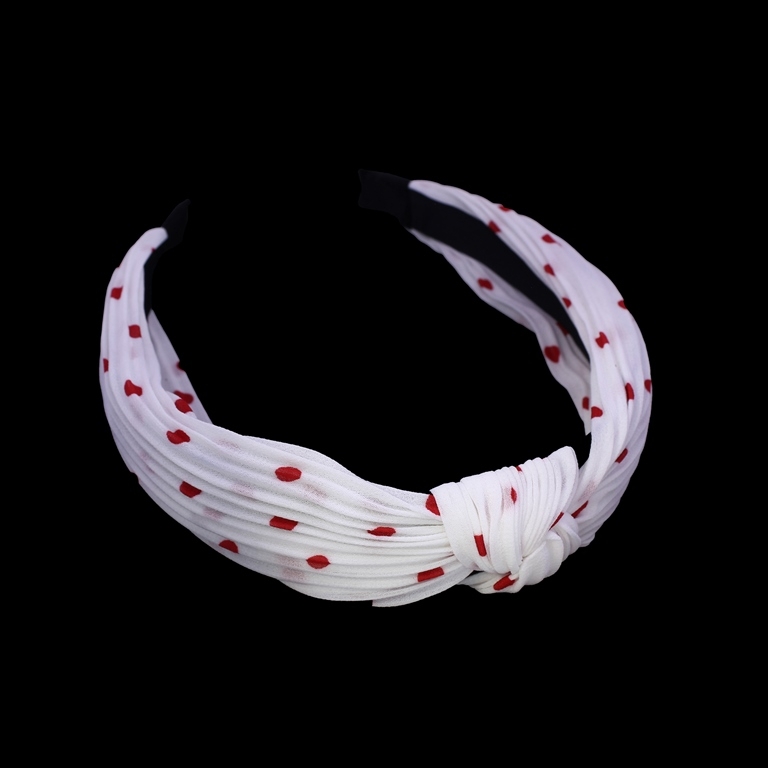 JEWELRY - ACCESSORY FOR HAIR - TIARA TEXTILE WITH KNOT D025 - DOTS 01 - WHITE-RED - PACKAGE 6pcs.