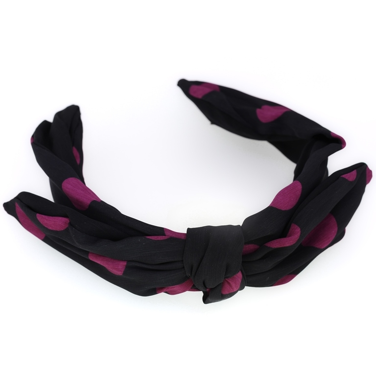 JEWELRY - ACCESSORY FOR HAIR - TIARA TEXTILE WITH KNOT D028 - DOTS 02 - BLACK-CYCLAMEN (DARK) - 1pc.