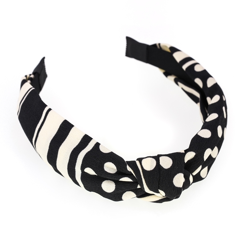 JEWELRY - ACCESSORY FOR HAIR - TIARA TEXTILE WITH KNOT D025 - DOTS-STRIPES 01 - BLACK-ECRU - 1pc.