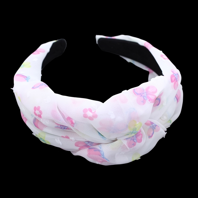 JEWELRY - ACCESSORY FOR HAIR - TIARA TEXTILE WITH KNOT D026 - BUTTERFLIES 01 - WHITE-PINK-YELLOW - PACKAGE 6pcs.