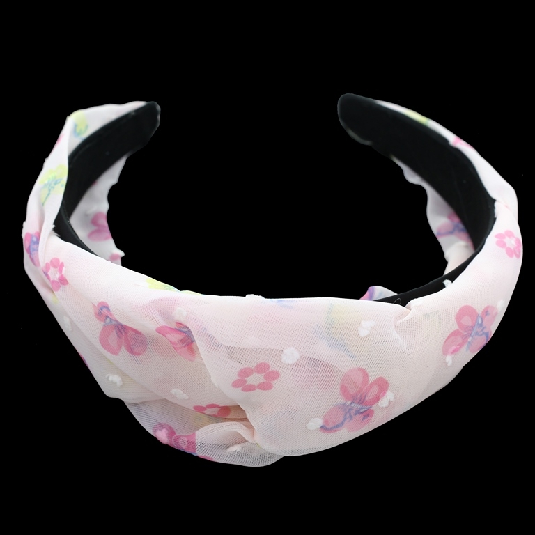 JEWELRY - ACCESSORY FOR HAIR - TIARA TEXTILE WITH KNOT D026 - BUTTERFLIES 01 - PINK (LIGHT)-PINK-YELLOW - PACKAGE 6pcs.