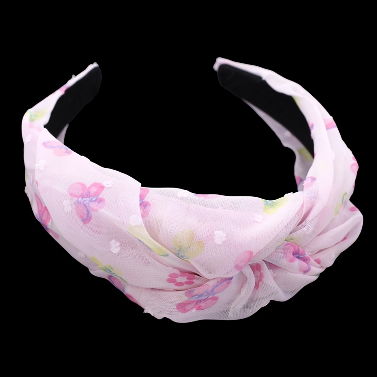 JEWELRY - ACCESSORY FOR HAIR - TIARA TEXTILE WITH KNOT D026 - BUTTERFLIES 01 - PINK (LIGHT)-PINK-YELLOW-GREEN - PACKAGE 6pcs.