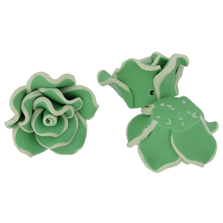 POLYMER CLAY FIMO BEADS - ROSE 02 EDGE - 30x14mm GREEN AND ECRU 100 - 7pcs. Hole-2.0mm