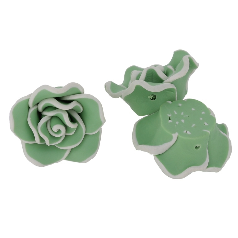 POLYMER CLAY FIMO BEADS - ROSE 02 EDGE - 30x14mm GREEN (LIGHT) AND CHAMPAGNE 111 - PACKAGE 70pcs. Hole-2.0mm