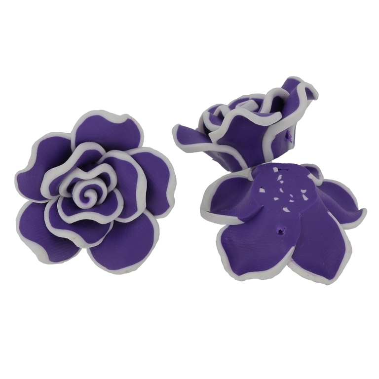 POLYMER CLAY FIMO BEADS - ROSE 02 EDGE - 30x14mm PURPLE (DARK) AND WHITE 98 - 7pcs. Hole-2.0mm