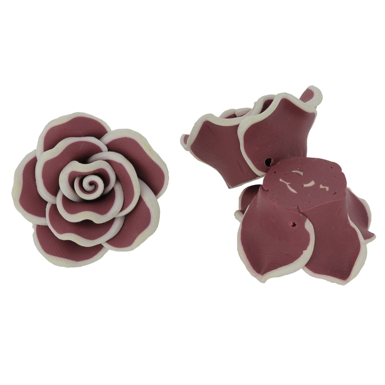 POLYMER CLAY FIMO BEADS - ROSE 02 EDGE - 30x15mm BORDEAUX AND ECRU 102 - PACKAGE 70pcs. Hole-2.0mm