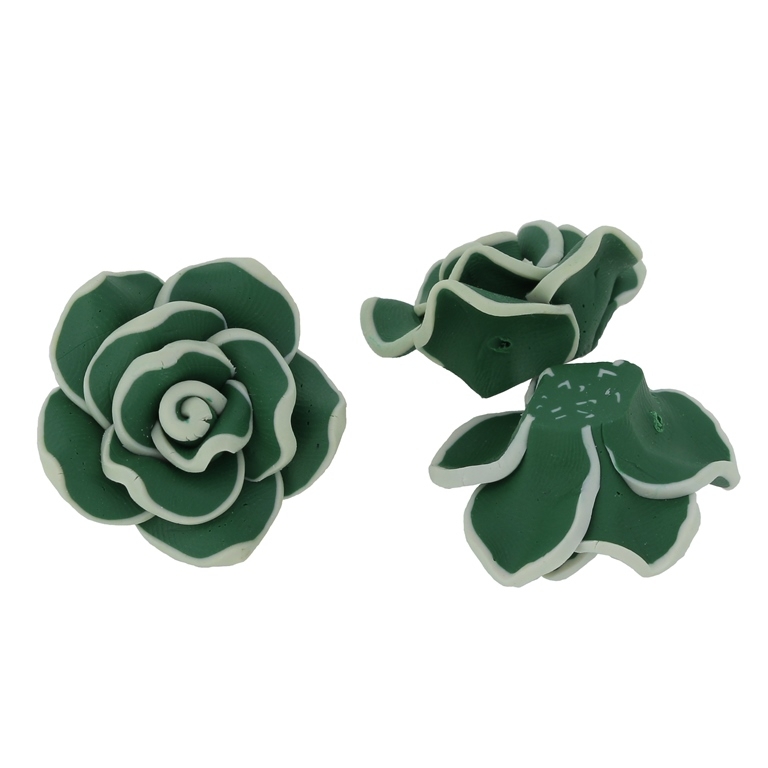 POLYMER CLAY FIMO BEADS - ROSE 02 EDGE - 30x16mm GREEN (DARK) - WHITE 87 - 7pcs. Hole-2.0mm