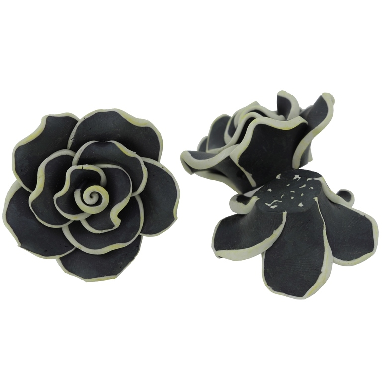 POLYMER CLAY FIMO BEADS - ROSE 02 EDGE - 35x16mm GRAY (DARK) AND ECRU (DARK) 126 - 5pcs. Hole-2.0mm