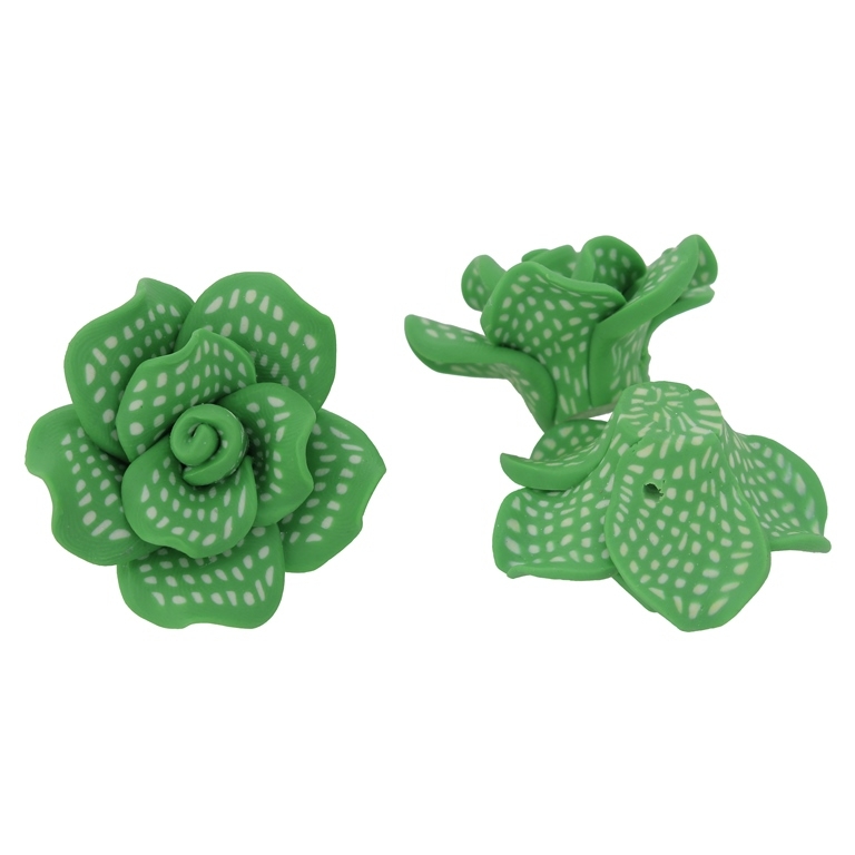 POLYMER CLAY FIMO BEADS - ROSE 02 DOTS - 30x18mm GREEN (LIGHT) AND ECRU 114 - 7pcs. Hole-2.0mm