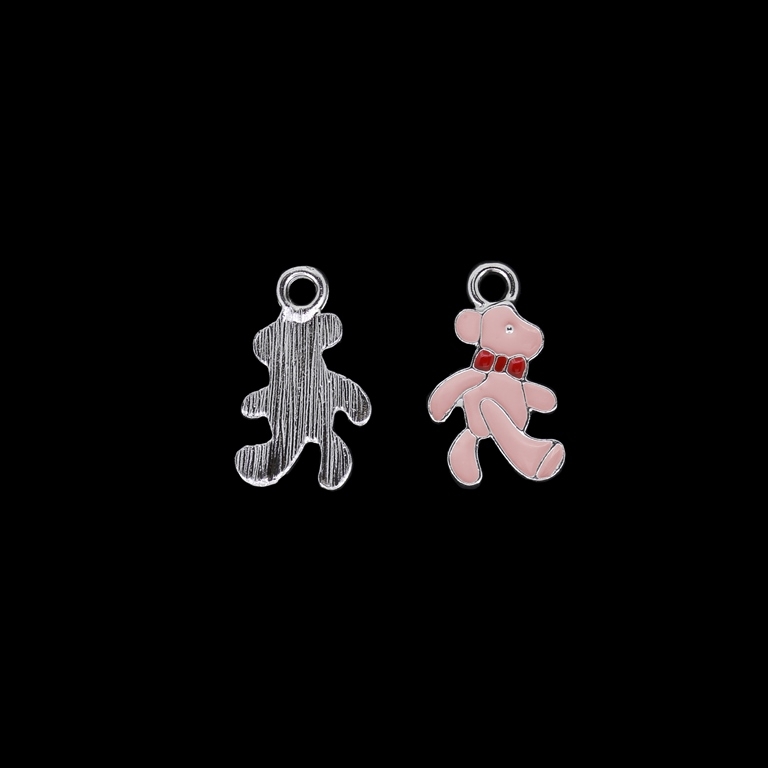 METAL BEADS WITH ENAMEL - UV - PENDANT - BEAR WITH BOW TIE - 13x22x2mm NICKEL AND ROSE DUST - PACKAGE 40pcs. Hole-2.6mm