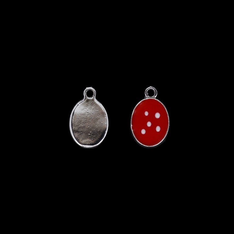 METAL BEADS WITH ENAMEL - UV - PENDANT - OVAL 02 WITH DOTS - 13x20x2.5mm NICKEL-RED-WHITE - PACKAGE 40pcs. Hole-1.8mm