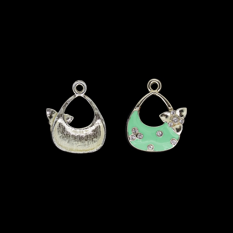 METAL BEADS WITH ENAMEL AND CRYSTALS - UV - PENDANT - HANDBAG 01 - 19x24x3mm GOLD AND TURQUOISE GREEN - PACKAGE 30pcs. Hole-2.2mm