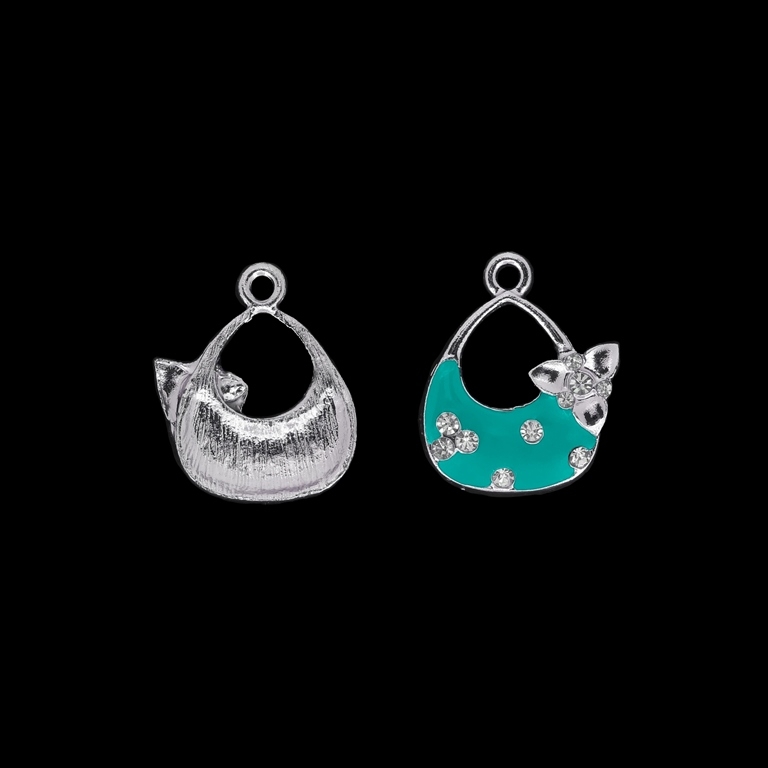 METAL BEADS WITH ENAMEL AND CRYSTALS - UV - PENDANT - HANDBAG 01 - 19x24x3mm SILVER AND TURQUOISE BLUE - PACKAGE 30pcs. Hole-2.2mm