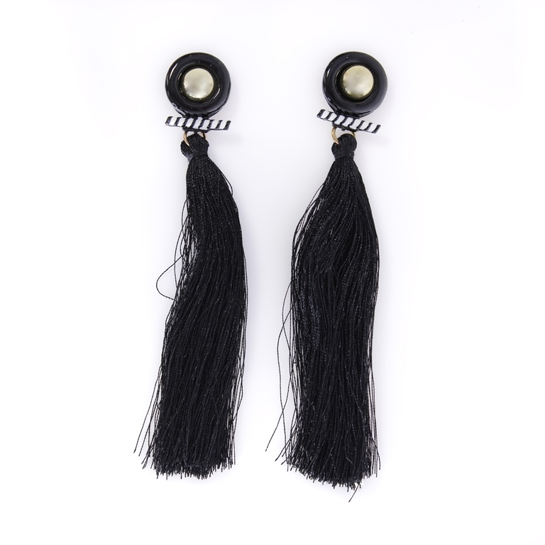 JEWELRY - EARRINGS - SCREW - TASSLES - Е347 - GOLD-BLACK-WHITE - 1 pair