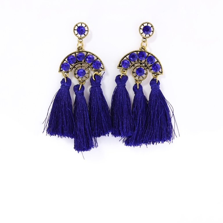 JEWELRY - EARRINGS - SCREW - TASSLES - Е349 - GOLD-BLUE (DARK) - 1 pair