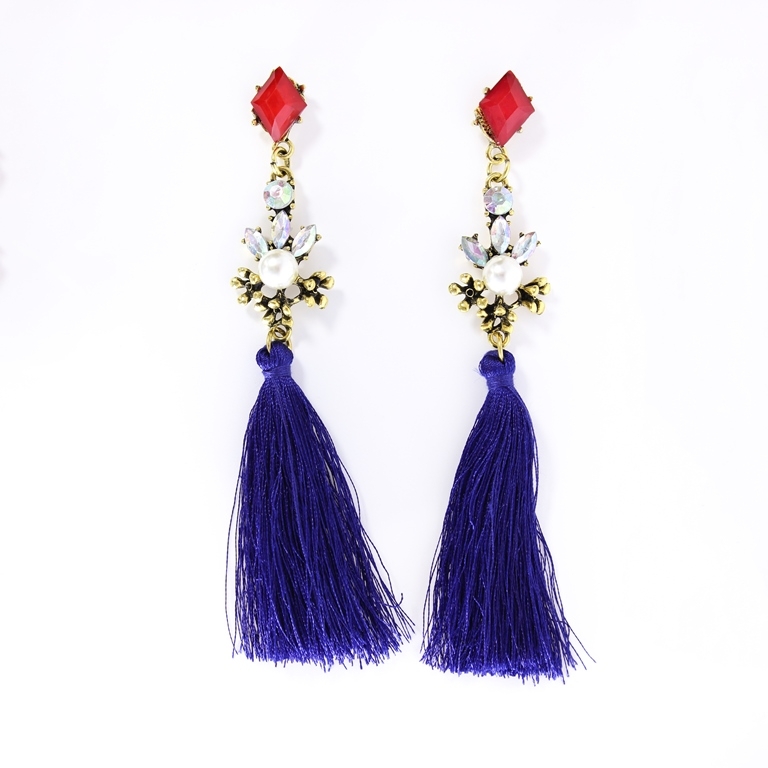 JEWELRY - EARRINGS - SCREW - TASSLES - Е350 - GOLD-RED-BLUE (DARK) - 1 pair