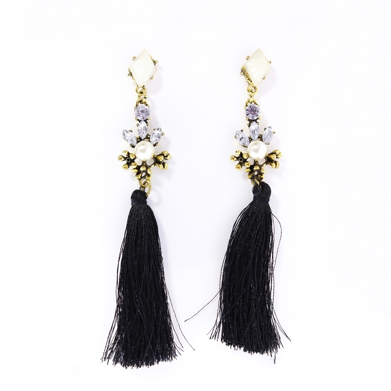 JEWELRY - EARRINGS - SCREW - TASSLES - Е350 - GOLD-BLACK - 1 pair