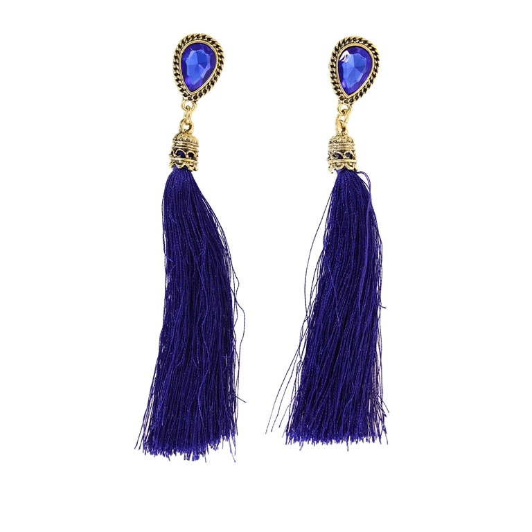 JEWELRY - EARRINGS - SCREW - TASSLES - Е354 - GOLD-BLUE (DARK) - 1 pairs