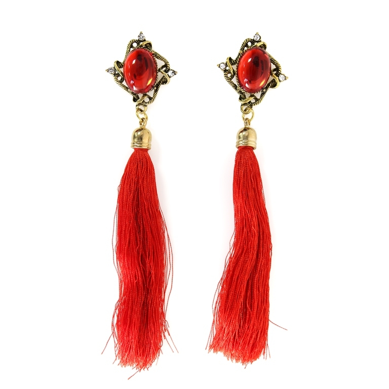 JEWELRY - EARRINGS - SCREW - TASSLES - Е355 - GOLD-RED - 1 pair