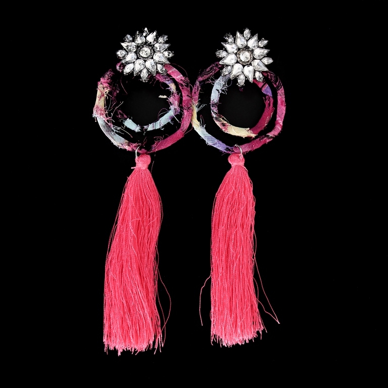 JEWELRY - EARRINGS - SCREW - TASSLES - Е361 - SILVER-PINK (DARK) - 1 pair