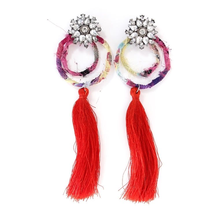 JEWELRY - EARRINGS - SCREW - TASSLES - Е361 - SILVER-RED (LIGHT) - 1 pair