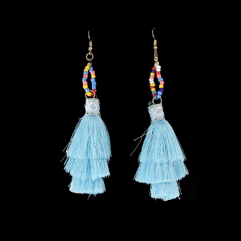 JEWELRY - EARRINGS - HOOK - TASSLES - Е360 - GOLD-BLUE (LIGHT) - 1 pair