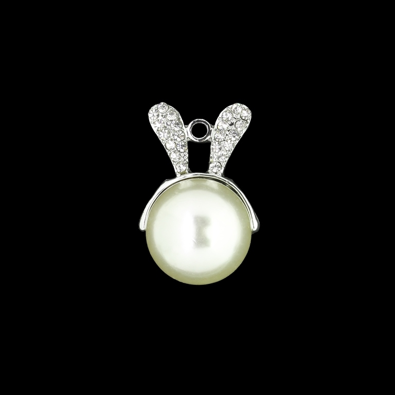 METAL - CHARMS PENDANT 1 HOLE UV COATING WITH CRYSTALS - RABBIT 01 PEARL - 23x34x22mm SILVER AND WHITE - PACKAGE 10pcs. Hole-2.9mm