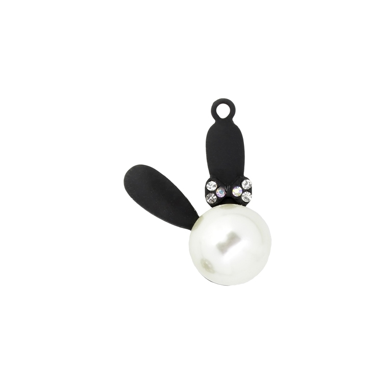 METAL - CHARMS PENDANT 1 HOLE UV COATING WITH CRYSTALS - RABBIT 02 PEARL - 26x36x17mm BLACK AND WHITE - PACKAGE 10pcs. Hole-2.6mm