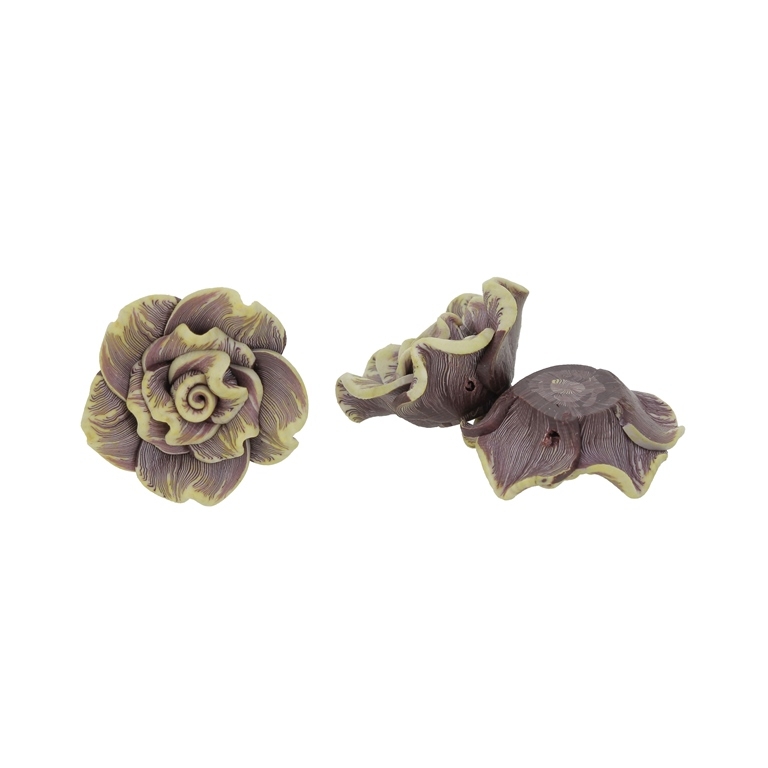 POLYMER CLAY FIMO BEADS - ROSE 02 STRIPES - 26x12mm YELLOW (LIGHT)-BORDEAUX 84 - 10pcs. Hole-2.0mm