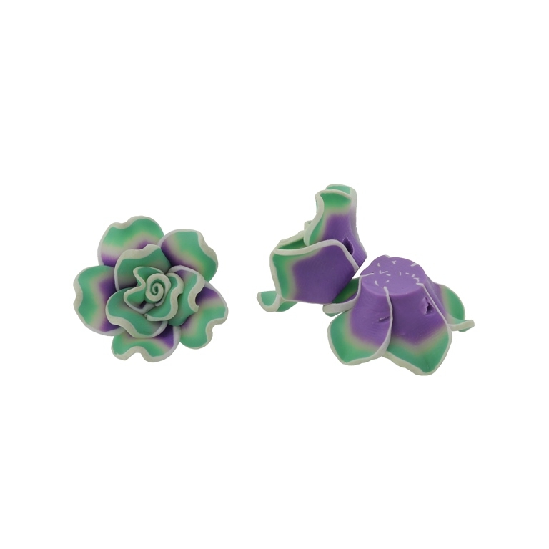 POLYMER CLAY FIMO BEADS - ROSE 02 MULTICOLORED - 26x12mm PURPLE-ECRU-GREEN (LIGHT) 47 - PACKAGE 100pcs. Hole-2.0mm