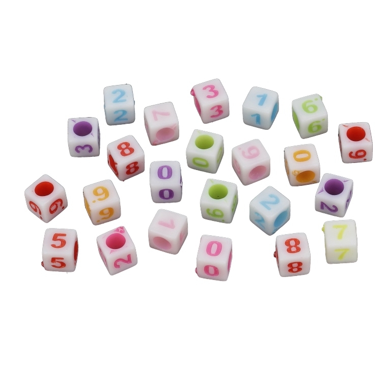 ACRYLIC BEADS - CUBE NUMBERS - 6х6mm MIX (LIGHT) - PACKAGE 500g Hole-3.5mm (3800pcs.)