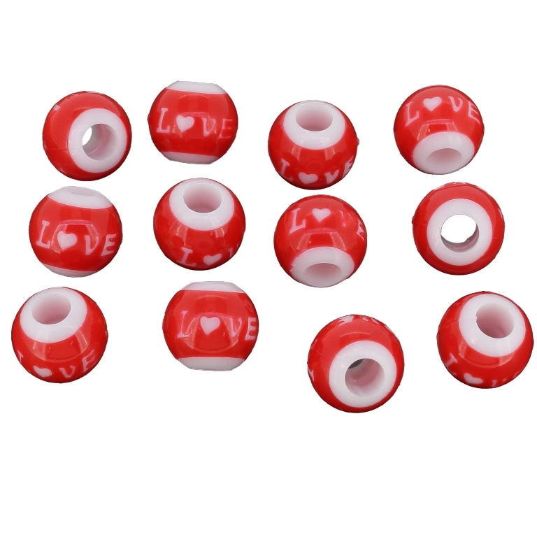 ACRYLIC BEADS - BALL LOVE - 11х12mm WHITE AND RED - 50g Hole-5.0mm (70pcs.)