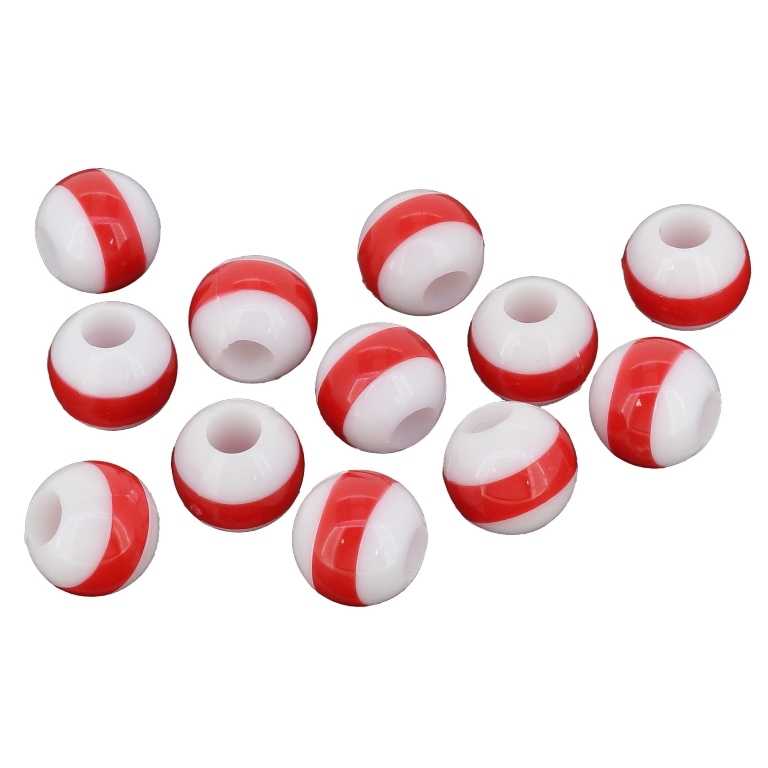 ACRYLIC BEADS - BALL STRIPE - 11х12mm WHITE AND RED - PACKAGE 500g Hole-5.0mm (700pcs.)