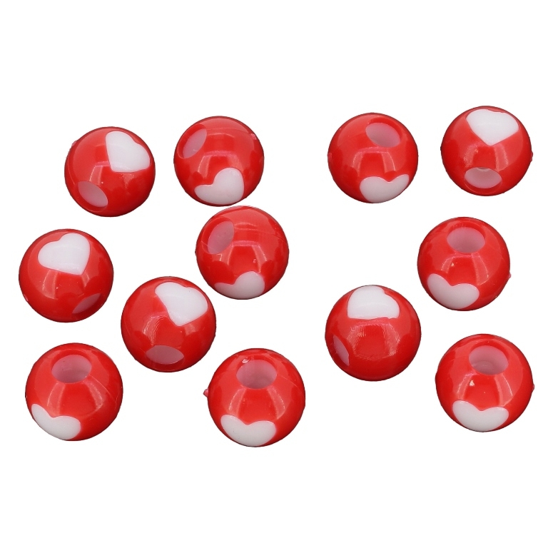 ACRYLIC BEADS - BALL HEART 01 - 11х12mm RED AND WHITE - PACKAGE 500g Hole-5.0mm (710pcs.)