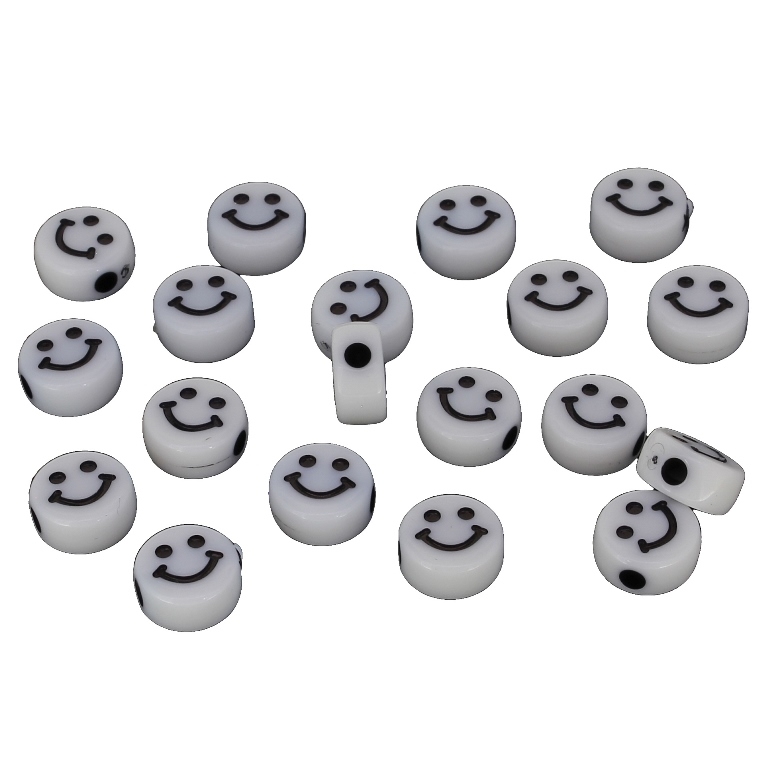 ACRYLIC BEADS - SMILEY FACE - DISK 02 - 10x5mm WHITE WITH BLACK - 50 g Hole-2.5mm (152pcs.)