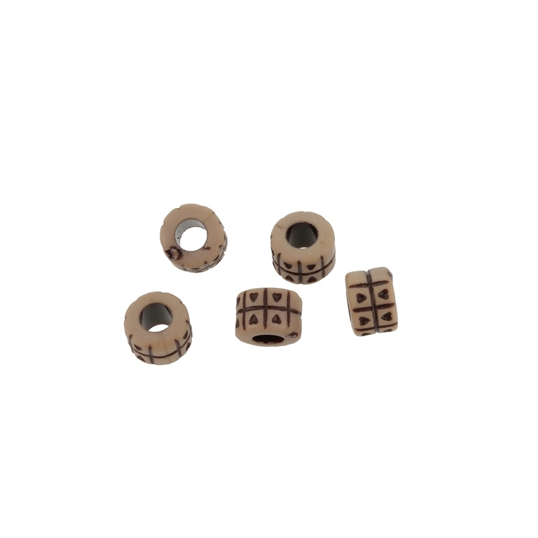 IMITATION WOOD BEADS - CYLINDER WITH GRID HEARTS 01 - 6x8mm BROWN AND BROWN (DARK) - PACKAGE 500g Hole-4.0mm (2060pcs.)