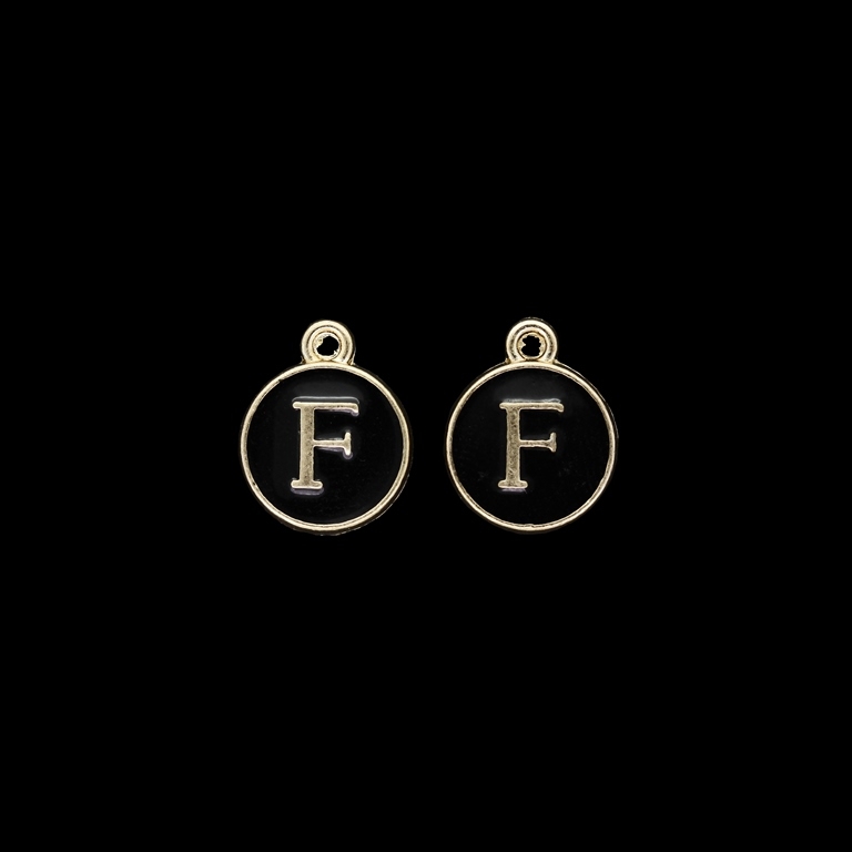 METAL BEADS WITH ENAMEL - PENDANT - CIRCLE WITH LETTER F 01 - 12x25x3mm GOLD AND BLACK - PACKAGE 30pcs. Hole-1.6mm