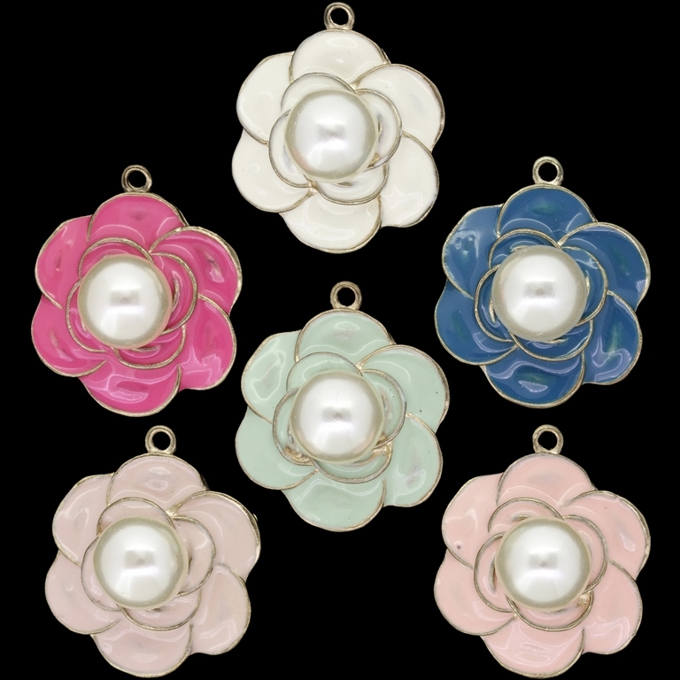 METAL BEADS WITH ENAMEL AND PEARL - PENDANT - FLOWER 44 - 26x32x15mm GOLD AND MIXED COLORS - PACKAGE 10pcs. Hole-2.3mm