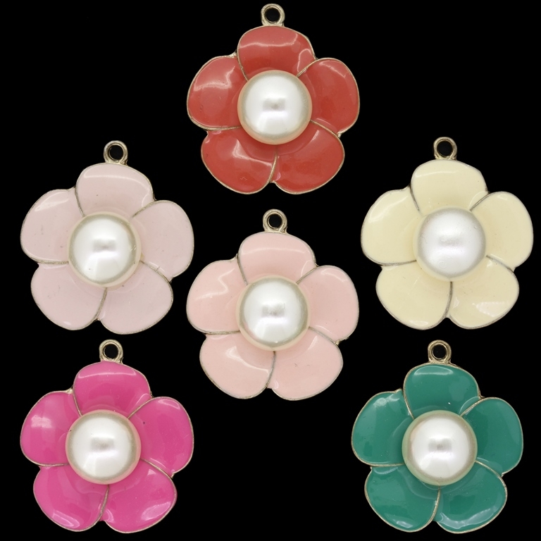 METAL BEADS WITH ENAMEL AND PEARL - PENDANT - FLOWER 45 - 27x30x13mm GOLD AND MIXED COLORS  - PACKAGE 10pcs. Hole-1.9mm