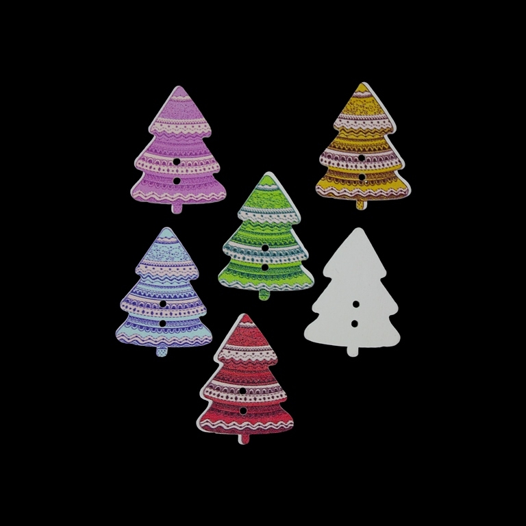 WOODEN FIGURES - BUTTON TYPE - CHRISTMAS - CHRISTMAS TREE 04 - 25х33х2mm WHITE WITH MIX - 10pcs. Hole-2х2.0mm