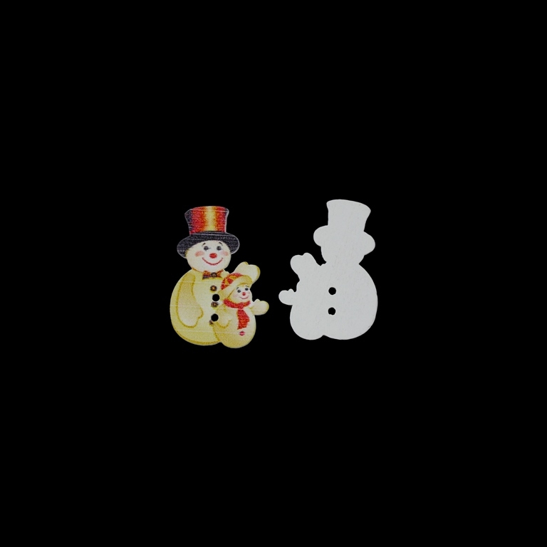 WOODEN FIGURES - BUTTON TYPE - CHRISTMAS - SNOWMAN 07 - 24х36х2mm WHITE WITH ECRU AND RED - PACKAGE 100pcs. Hole-2х2.0mm