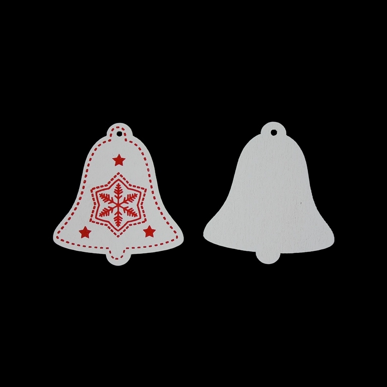 WOODEN FIGURES - PENDANT CHRISTMAS - BELL 02 - 46х50х2mm WHITE AND RED - 5pcs. Hole-2.0mm