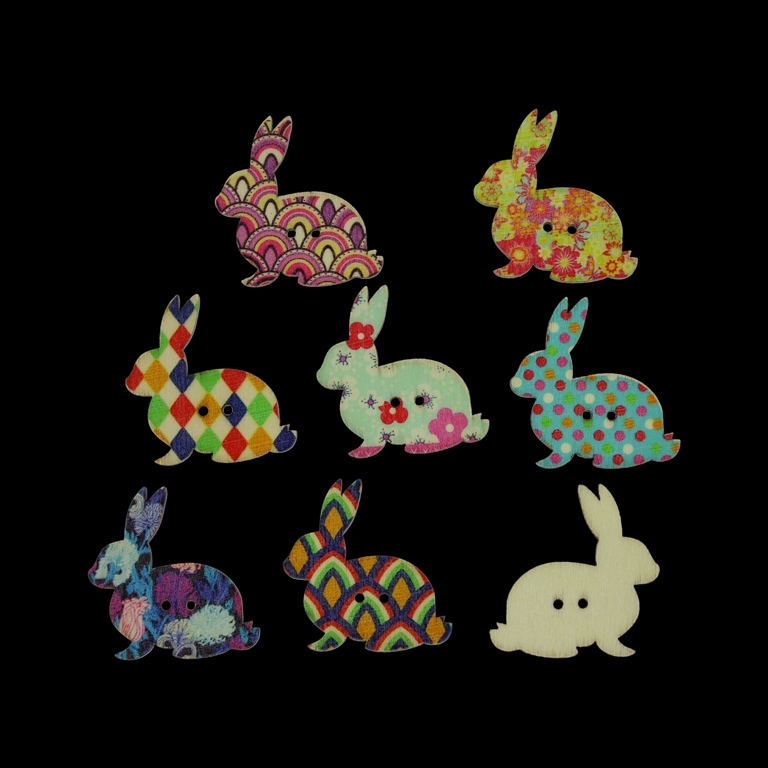 WOODEN FIGURES - BUTTON TYPE - BUNNY 06 - 30х31х2mm NATURAL WITH MIXED PATTERNS - PACKAGE 100pcs. Hole-2х2.0mm