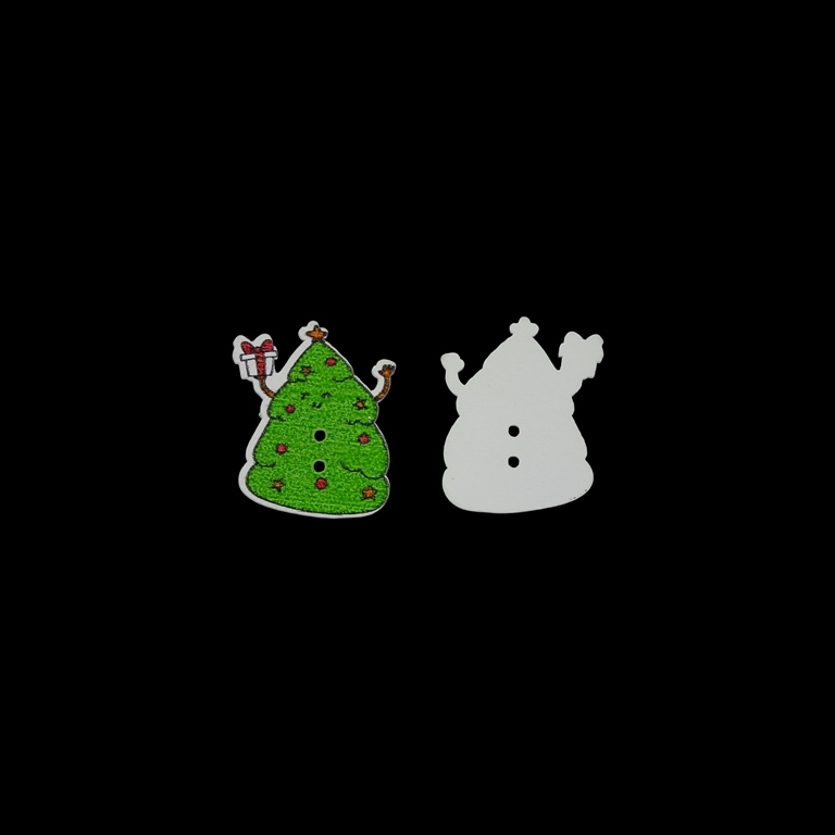 WOODEN FIGURES - BUTTON TYPE - CHRISTMAS - CHRISTMAS TREE 03 - 27x32x2mm WHITE AND GREEN - PACKAGE 100pcs. Hole-2x2.0mm