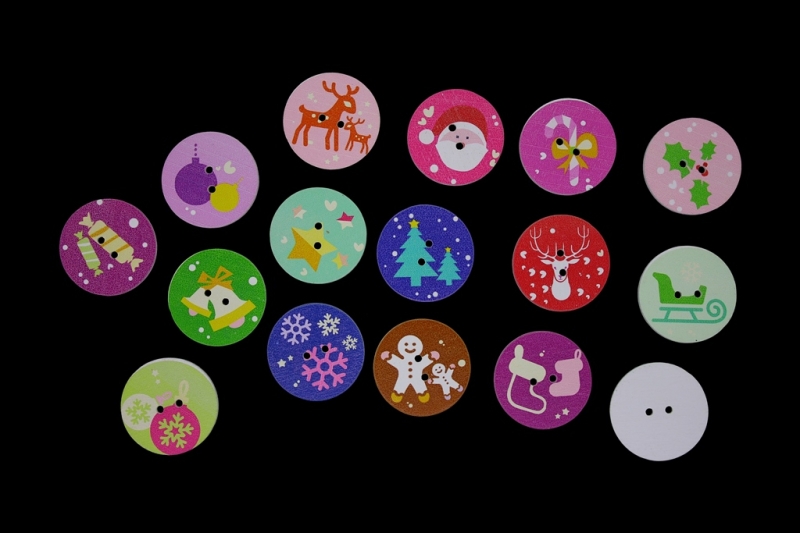 WOODEN FIGURES - BUTTON TYPE - CHRISTMAS - CIRCLE 02 - 25x2mm WHITE WITH MIX - 10pcs. Hole-2x2.0mm