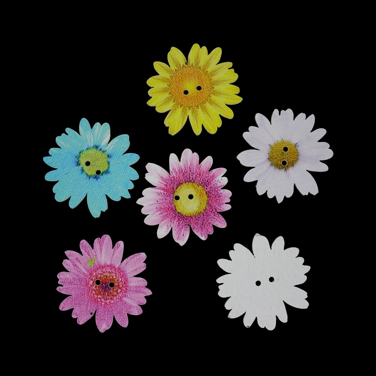 WOODEN FIGURES - BUTTON TYPE - FLOWER 15 GERBERA - 35х2mm WHITE AND MIX - 5pcs. Hole-2х2.0mm