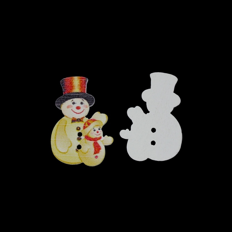 WOODEN FIGURES - BUTTON TYPE - CHRISTMAS - SNOWMAN 07 - 24х36х2mm WHITE WITH ECRU AND RED - 10pcs. Hole-2х2.0mm