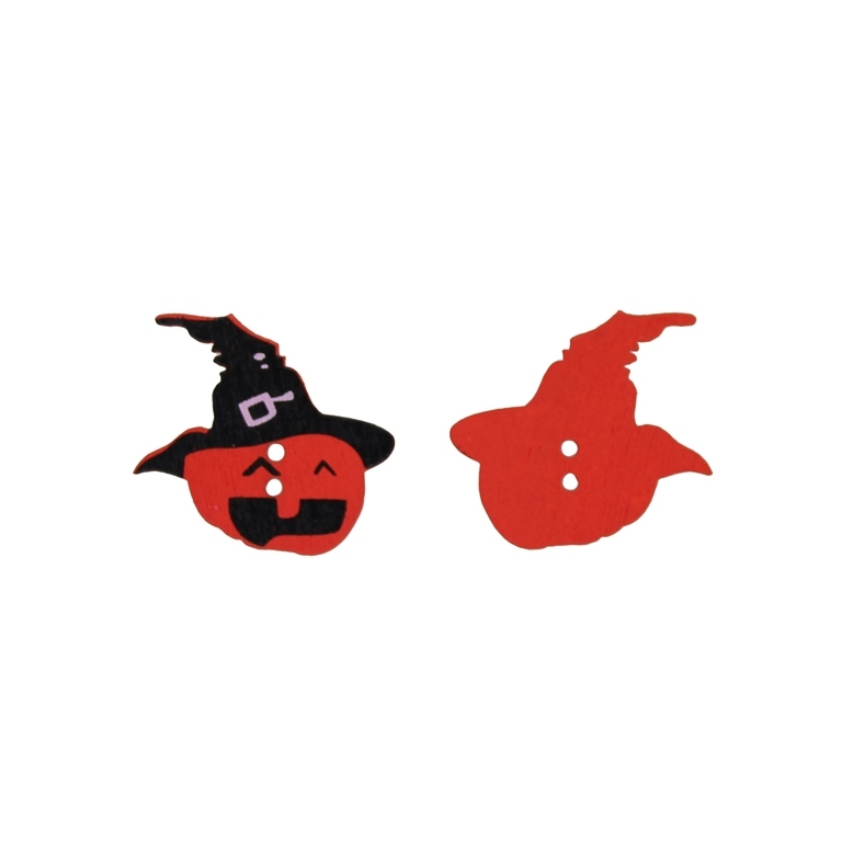 WOODEN FIGURES - BUTTON TYPE - HALLOWEEN - PUMPKIN 01 - 29х28х2mm RED AND BLACK - 10pcs. Hole-2х2.0mm