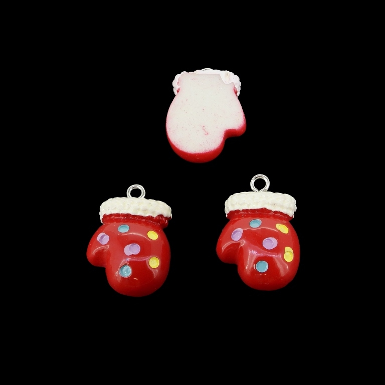 PLASTIC BEADS - RESIN 3D - PENDANT - CHRISTMAS GLOVE 04 - 16x22x6mm RED-WHITE-COLORFUL - PACKAGE 30pcs. Hole-2.0mm